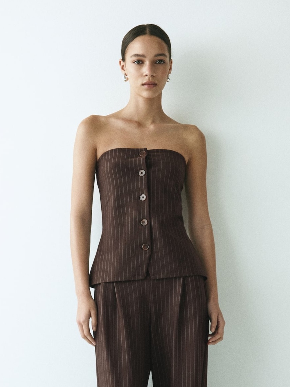 H&M Brown Pinstripe Strapless Corset Tube Top Size M Office Siren Coquette
